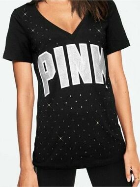 PINK Victoria's Secret Women's Black polka dot rhinestone v-neck size medium